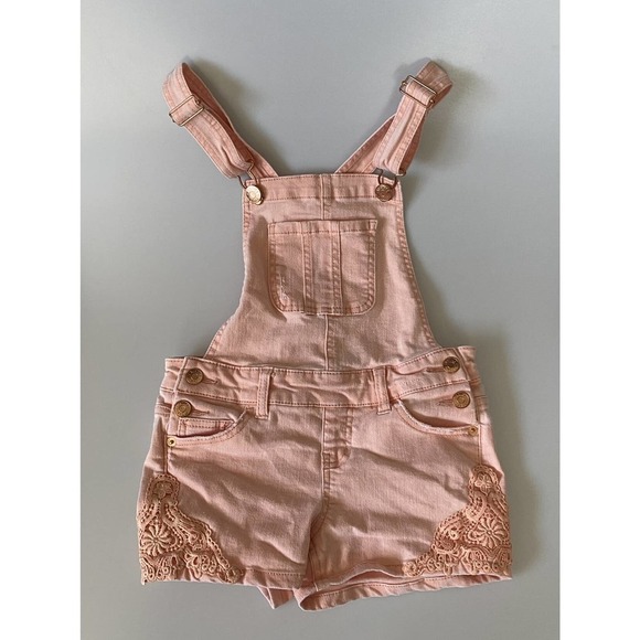 Justice Overalls Shorts Denim Lightly Distressed Peach Color buckles Girls 8 - Picture 2 of 13
